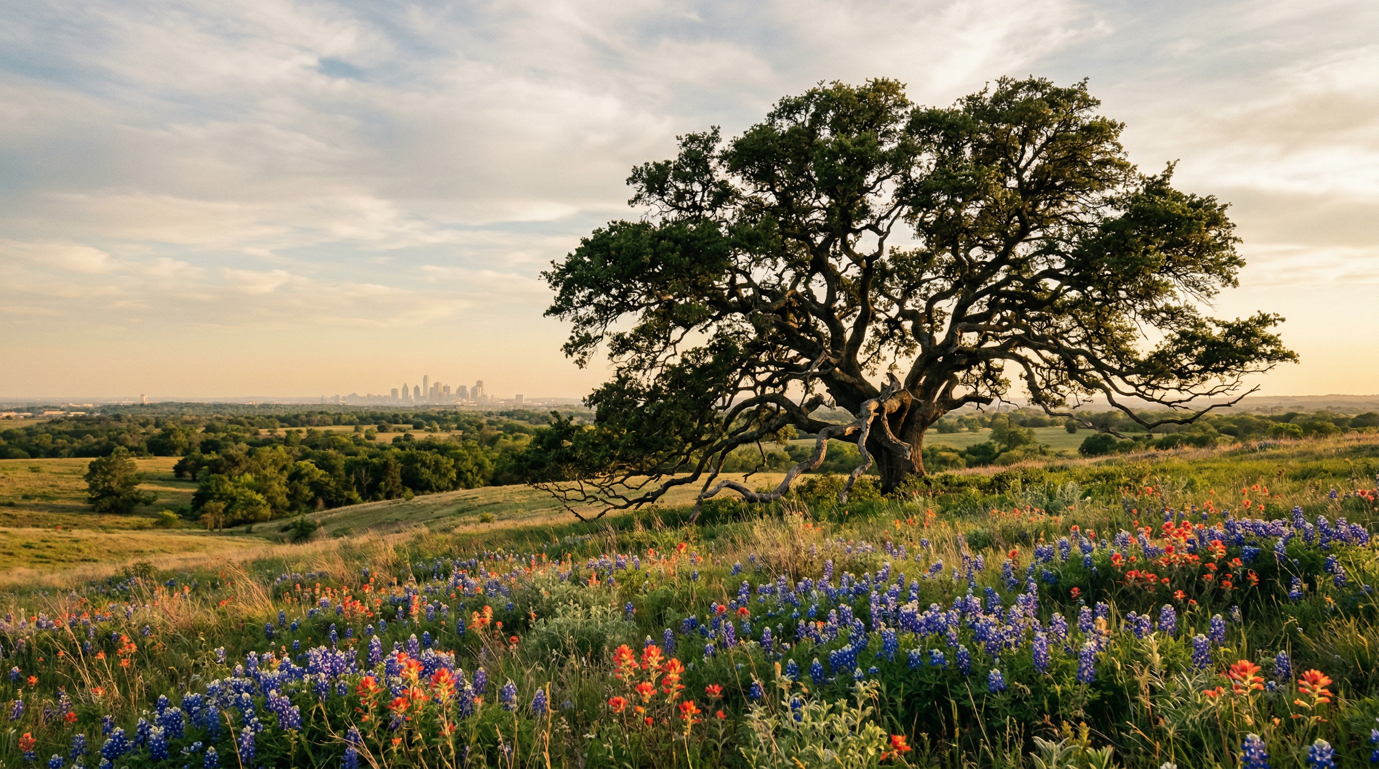 A live oak tree on a North Texas hillside with bluebonnets and the Dallas-Fort Worth skyline in the distance