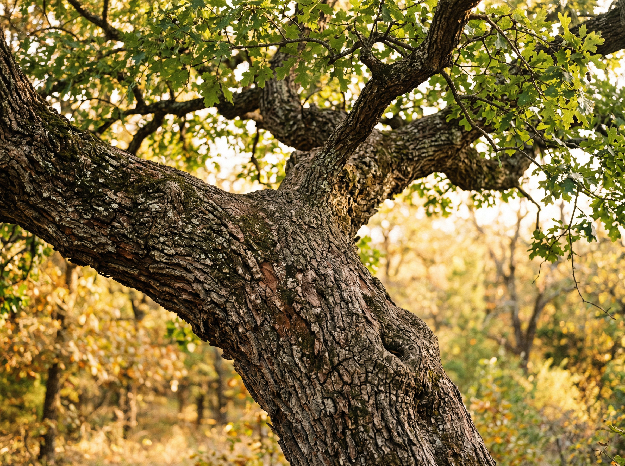 Close-up of native post oak tree bark and branches in North Texas